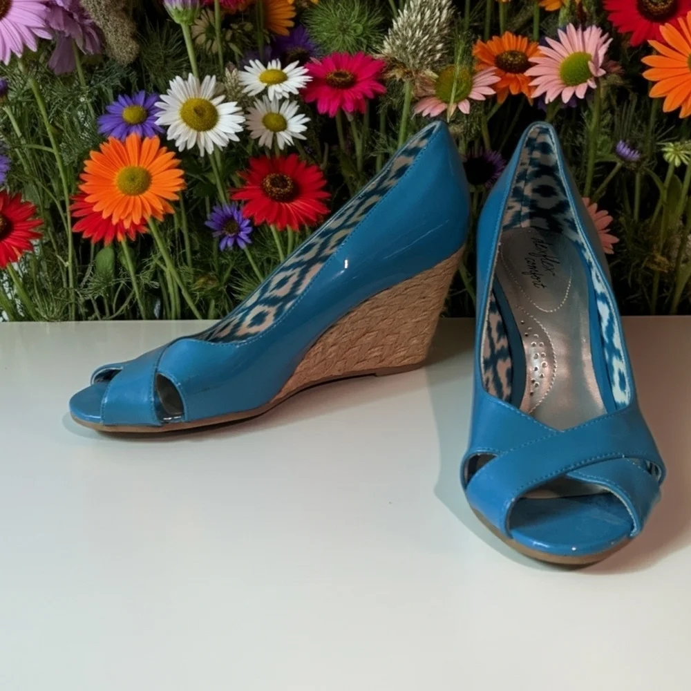 Dexflex Comfort Women's Blue Peep Toe Platform Wedge Sandals Size 7W